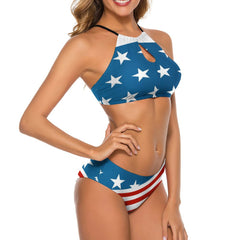 Patriotic American Flag Women's Two piece Swimsuit with High Neck Halter Top