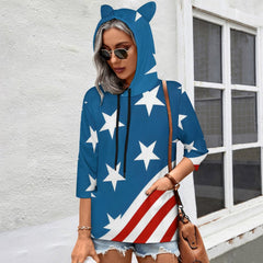 Patriotic American Flag Cat Ears Hooded Pullover Women's Hoodie