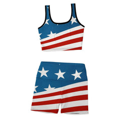 Patriotic American Flag Patterned Ribbed Yoga Set with High-waisted Biker Shorts and Crop Tank Top