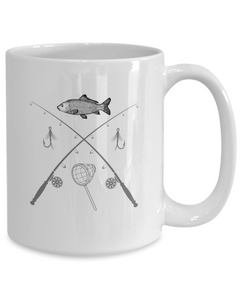 Fishing Fish Rods Lures and Net Ceramic White Mug gift for fisher