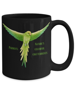 Green Parrot Nature's Chatterboxes Black Ceramic Mug Gift for Bird Owner 15 oz