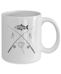 Fishing Fish Rods Lures and Net Ceramic White Mug gift for fisher