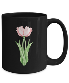 Twin Pink Tulips Black Ceramic Mug gift for tulip lovers gardener florist