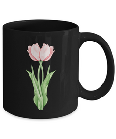 Twin Pink Tulips Black Ceramic Mug gift for tulip lovers gardener florist