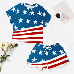 Patriotic American Flag Short Sleeve Loungewear Set with Shorts and Shirt Sleepwear Pajamas