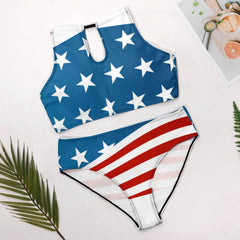 Patriotic American Flag Women's Two piece Swimsuit with High Neck Halter Top