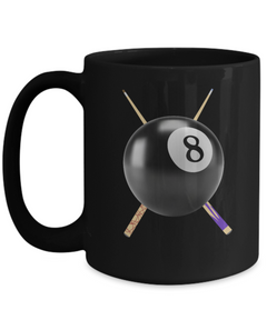 Black 8 Ball Billiards Pool Cues Ceramic Mug gift for someone who plays pool