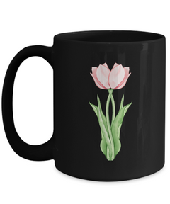 Twin Pink Tulips Black Ceramic Mug gift for tulip lovers gardener florist