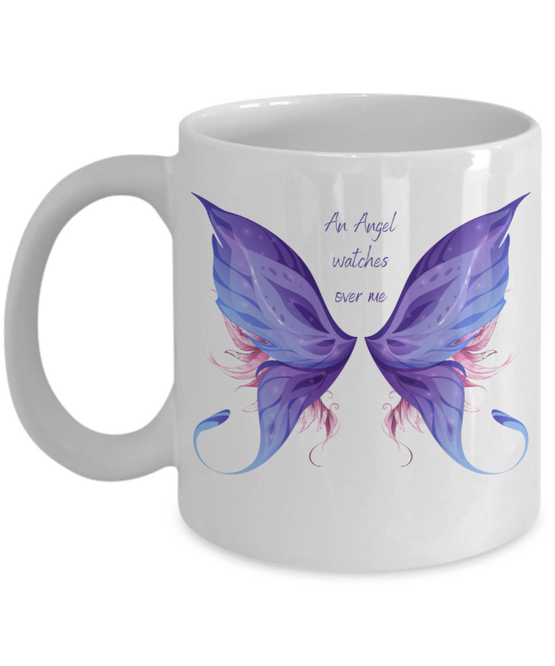 Memorial An Angel Watches Over Me Angel Wings Black Ceramic Mug Death of Loved One Personal Loss