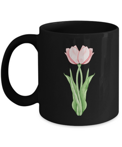 Twin Pink Tulips Black Ceramic Mug gift for tulip lovers gardener florist