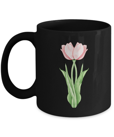 Twin Pink Tulips Black Ceramic Mug gift for tulip lovers gardener florist