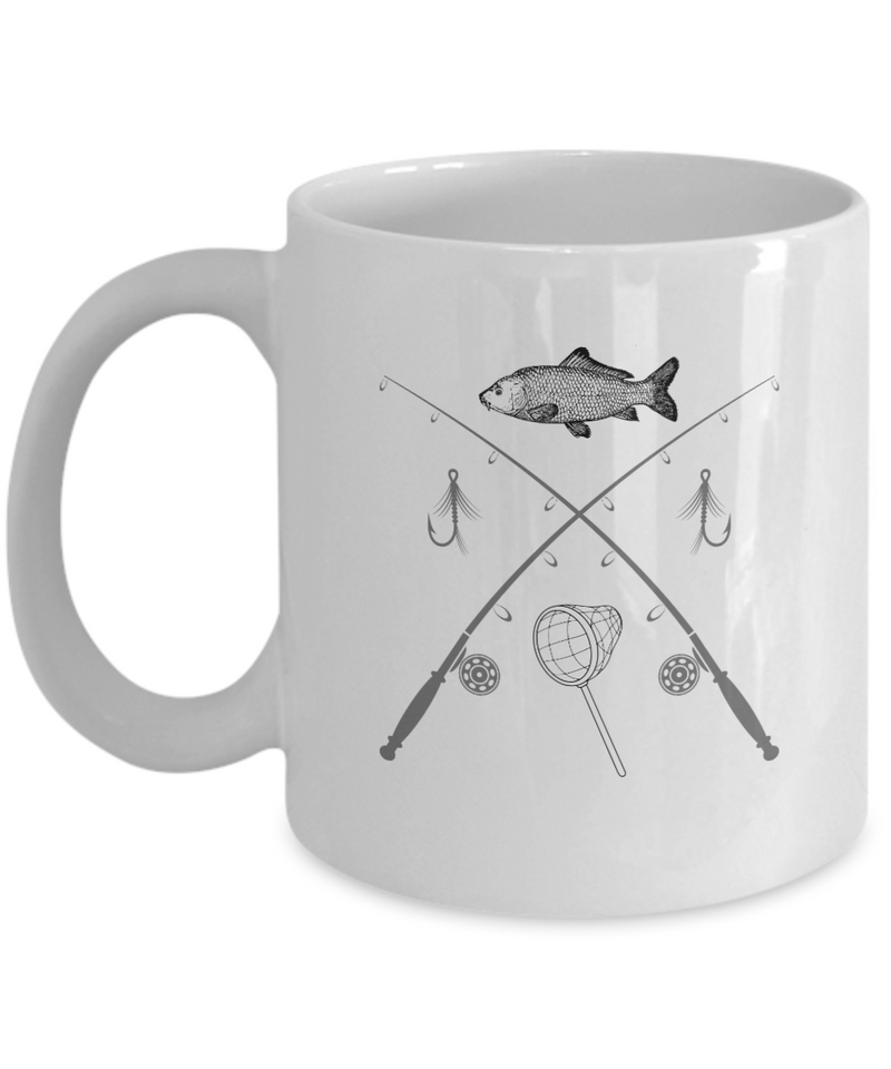 Fishing Fish Rods Lures and Net Ceramic White Mug gift for fisher