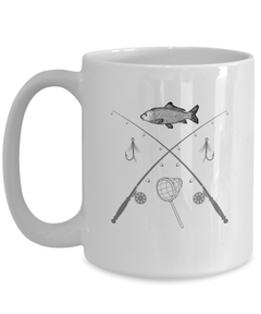 Fishing Fish Rods Lures and Net Ceramic White Mug gift for fisher