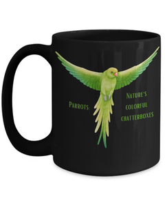 Green Parrot Nature's Chatterboxes Black Ceramic Mug Gift for Bird Owner 15 oz