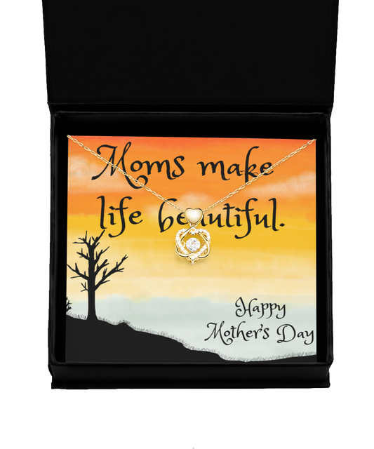 Happy Mother's Day Heart Life is Beautiful Knot Necklace Gold with Gift Box