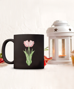 Twin Pink Tulips Black Ceramic Mug gift for tulip lovers gardener florist