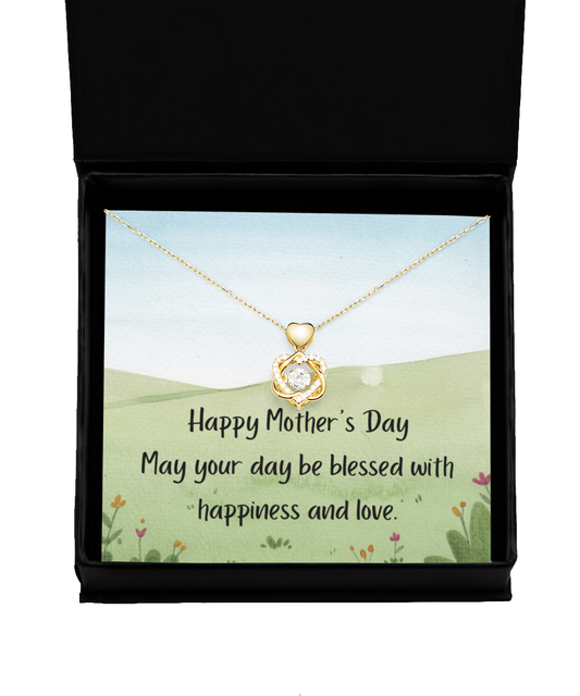 Happy Mother's Day Heart Knot Necklace Gold with Gift Box Field and Flowers