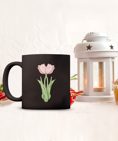 Twin Pink Tulips Black Ceramic Mug gift for tulip lovers gardener florist