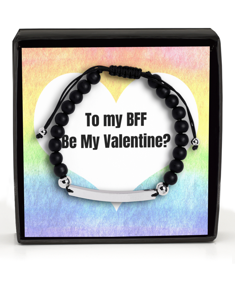 Best Friend Forever BFF Be my Valentine? Valentine's Day Black Beaded Bracelet Silver Gift for Her Gift for Him