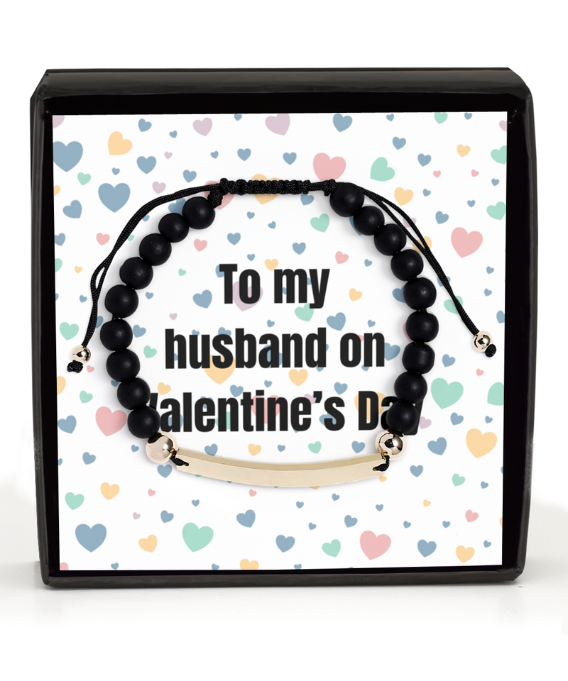 To My Husband on Valentine's Day Black Beaded Bracelet gold gift for him