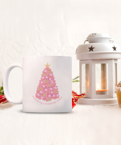 Pink Christmas Tree Coffee Mug, Christmas Coffee Cup