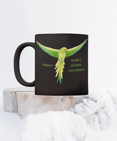 Green Parrot Nature's Chatterboxes Black Ceramic Mug Gift for Bird Owner 15 oz