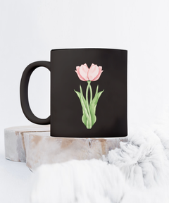 Twin Pink Tulips Black Ceramic Mug gift for tulip lovers gardener florist