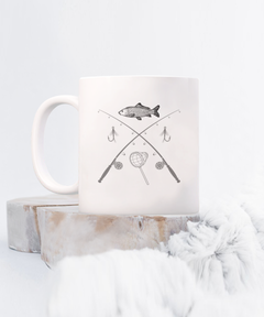 Fishing Fish Rods Lures and Net Ceramic White Mug gift for fisher