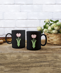 Twin Pink Tulips Black Ceramic Mug gift for tulip lovers gardener florist